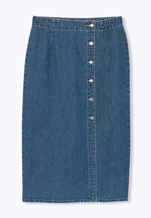 Jupe midi en denim bleu avec taille haute et fermeture à boutons argentés alignés verticalement sur le devant.