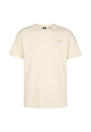 Kurzärmliges T-Shirt in Cremeton mit einer strukturierten Waffelstrick-Optik und einem kleinen goldenen Aufdruck "PETROLEUM INDUSTRIES" auf der Brust.