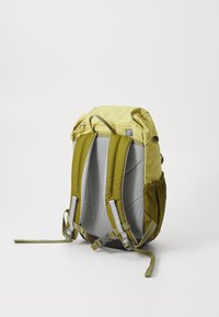 Green backpack with a textured fabric, mesh back panel, adjustable padded straps, and zippered pocket on top for easy access.
