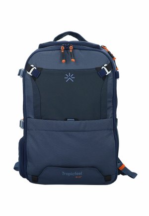 Navy blue backpack made of durable fabric, featuring a front logo, orange zipper pulls, side pockets, and adjustable straps.