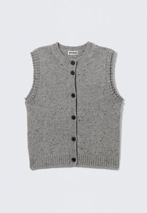 Gilet sans manches gris en maille avec boutons noirs et bords côtelés, étiqueté "WEEKDAY" au col.