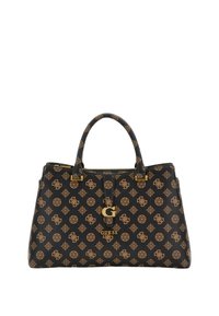 Musta tekstuuripuss, millel on kuldsed detailid ja korduv logo muster helepruunis. Kahe käepideme ja lukuga sulgemisega. Mõõtmed: keskmine suurus.