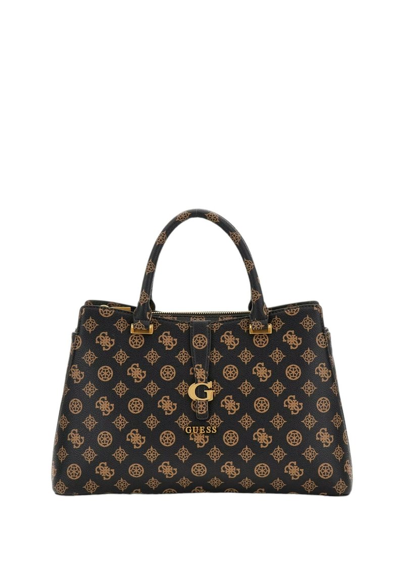 Musta tekstuuripuss, millel on kuldsed detailid ja korduv logo muster helepruunis. Kahe käepideme ja lukuga sulgemisega. Mõõtmed: keskmine suurus.