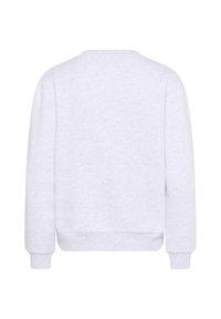 Grijze sweatshirt met een ronde hals, lange mouwen, geribbelde manchetten en een textuurstof. De achterkant heeft geen bedrukking of versieringen.