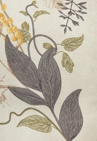 Floral fabric featuring dark green and gray leaves, intertwined stems, and yellow flowers on a light beige background. Textured weave visible.