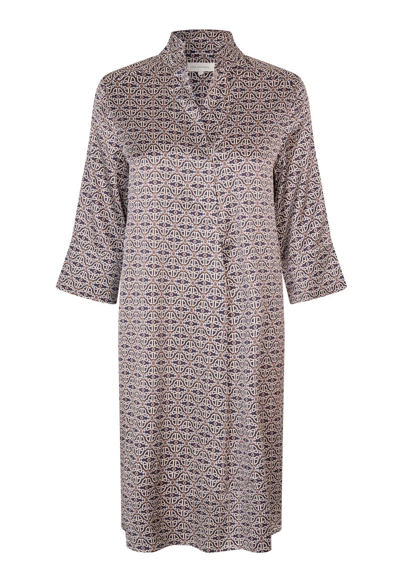 Jurk met kraag van lichtgewicht stof, met een geometrisch patroon in bruin en crème. Driekwart mouwen en een ontspannen pasvorm.