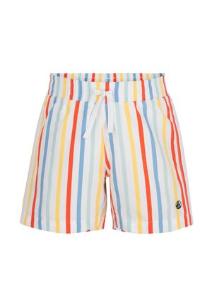 Costume da bagno a righe multicolori con strisce verticali rosse, blu, gialle e verdi. Vita elastica con coulisse bianca.