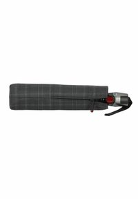 Housse d'umbrella grise compacte avec un motif à carreaux, dotée d'une fermeture à glissière et d'un cordon rouge pour une prise en main facile.