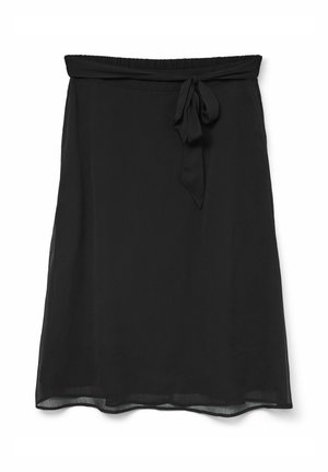 Zwarte rok met een tailleband, gemaakt van een lichtgewicht materiaal. Heeft een gladde textuur en een vloeiende pasvorm, die net boven de knie eindigt.
