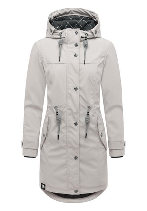 Parka femme gris clair à capuche avec fermeture pression devant, cordons à la capuche et à la taille, et poches latérales.