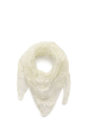 Écharpe en dentelle de couleur blanc cassé, ornée de délicates broderies florales, avec une texture légère et une forme triangulaire aux bords festonnés.