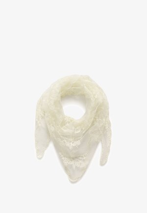 Spitzen-Schal in Cremeweiß, mit zarter Blumenstickerei, leichtem Material und dreieckiger Form mit gewellten Kanten.