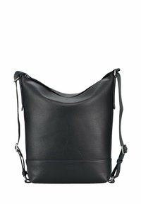 Sac à épaule en cuir noir avec une texture lisse, un design décontracté, une bandoulière réglable et une quincaillerie ton argent. Dispose d'une fermeture éclair sur le dessus.