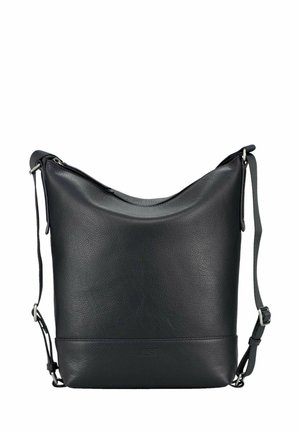 Sac à épaule en cuir noir avec une texture lisse, un design décontracté, une bandoulière réglable et une quincaillerie ton argent. Dispose d'une fermeture éclair sur le dessus.