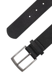 Schwarzer Leder Gürtel mit strukturierten Oberfläche, ausgestattet mit einer silbernen Metallschließe und einem Halter. Der Riemen hat fünf Löcher zur Anpassung.
