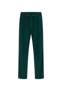 Donkergroene broek van zachte stof, met een trekkoord in de taille, twee voorplooien en een recht model.