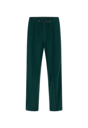 Dunkelgrüne Hose aus weichem Stoff, mit einem Kordelzugbund, zwei vorderen Falten und einem geraden Bein-Design.