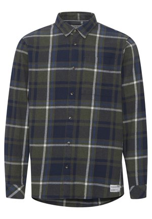 Flanellen shirt met lange mouwen, in donker groen, marineblauw en grijs geblokt. Beschikt over een knoopsluiting aan de voorkant, kraag en een linker borstzak.
