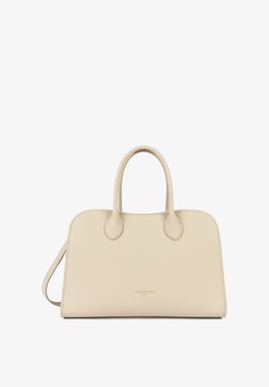 Sac à main en cuir beige avec deux anses et une bandoulière, présentant un design minimaliste et le logo "LANCASTER PARIS" en lettres dorées.