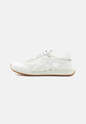 White athletic sneaker with mesh panels, lace-up closure, and rubber sole with gum outsole, shown from the side on a white background.