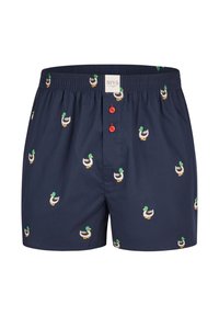 Marinblå boxershorts med elastisk midjeband, prydda med ett mönster av små, färgglada ankor och röda knappar framtill.