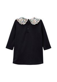 Robe marine à manches longues avec un col à volants à motif floral. Présente un plastron à boutons au niveau du cou. Tissu doux et texturé.