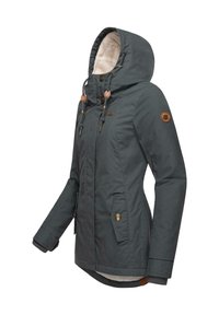 Dark gray jacket with a fur-lined hood, gold-tone accents, front buttons, and side pockets. Features a fitted design and adjustable drawstrings.