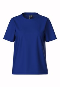 T-shirt blu a maniche corte con scollatura rotonda, vestibilità dritta e etichetta del marchio visibile all'interno del colletto.