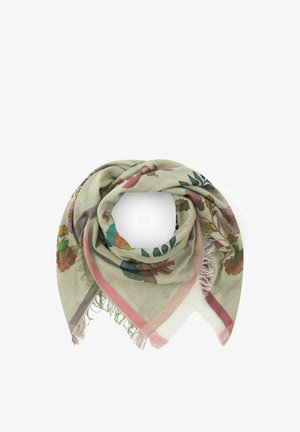 Lichtgroene sjaal met bloemmotieven, roze en witte randen, en franjes aan de randen, losgevouwen in een driehoekige vorm.