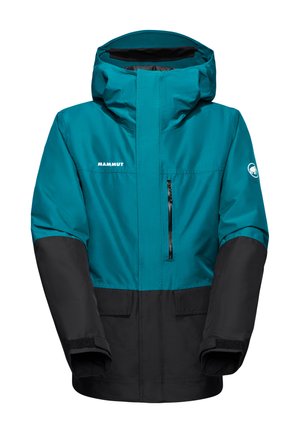 Veste étanche teal et noire avec une poche poitrine zippée, une capuche ajustable et des poignets Velcro. Fabriquée en matériau durable et léger.