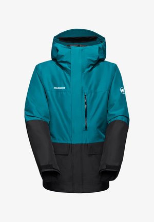Türkiz és fekete vízálló kabát, cipzáros mellzsebbel, állítható kapucnival és tépőzáras mandzsettával. Tartós, könnyű anyagból készült.