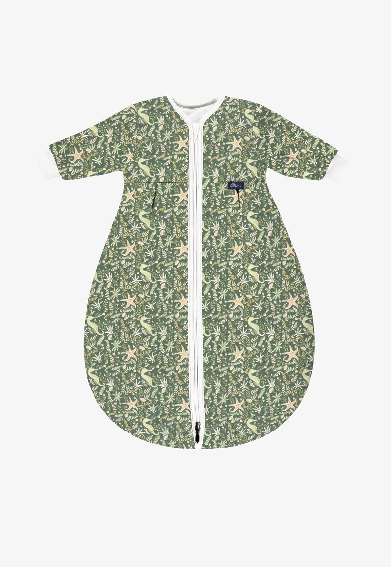 Green sleeping bag with long sleeves, featuring a floral pattern in cream and soft green. Central zipper and white collar and cuffs.