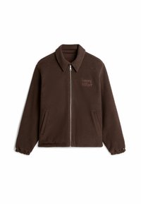 Brązowa polarowa kurtka z zamkiem błyskawicznym i kołnierzem, elastycznymi mankietami, dwoma przednimi kieszeniami oraz haftem "Tommy Hilfiger" na lewej piersi.