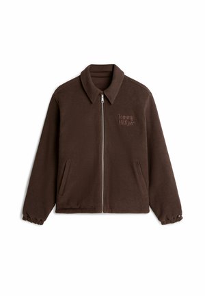 Brun fleece zip-jakke med krave, elastiske manchetter, to forlommer og "Tommy Hilfiger" broderet på venstre bryst.
