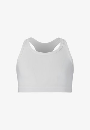 Crop top sportif blanc avec une texture côtelée, doté d'un col rond et d'un dos nageur pour flexibilité et soutien.