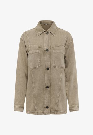 Gai brūns džinsu jaka ar apkakli, divām krūšu kabatām un pogu aizdari ar tumšām pogām. Ietver redzamus šuvju detaļas.