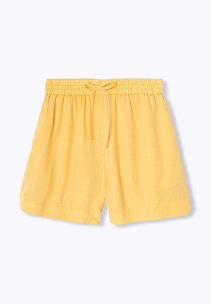 Shorts jaunes à taille élastique avec cordon à l'avant et coupe décontractée, présentés sur un fond blanc uni.