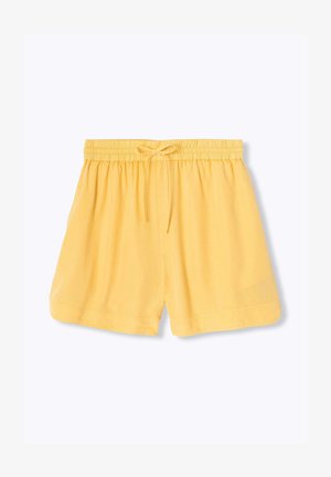 Shorts jaunes à taille élastique avec cordon à l'avant et coupe décontractée, présentés sur un fond blanc uni.