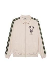Beige zip-up jacket with green striped sleeves, "YALE" logo, and bulldog graphic. Features side pockets and ribbed cuffs. Soft fabric.