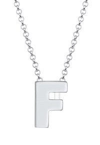 Silberne Kettenhalskette mit einem polierten Anhänger in Blockbuchstaben "F" mit glatter Oberfläche und abgerundeten Kanten.