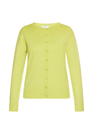 Limonkowa kamizelka zapinana na guziki, z okrągłym dekoltem, długimi rękawami oraz prążkowanymi mankietami i dołem. Miękka tekstura dzianiny.