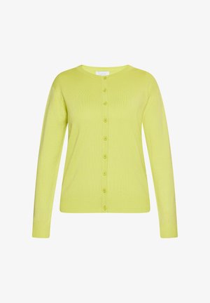 Lime rohelise värvi kardigan ümmarguse kaelusega, esipaneelil nööbid, pikkade varrukatega ning soonikute ja alumise osa äär. Pehme kudumise tekstuur.