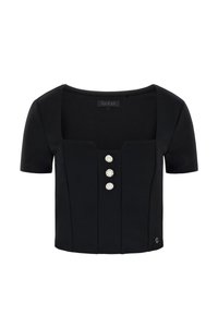 Czarny top z krótkim rękawem o kwadratowym dekolcie i trzema dekoracyjnymi guzikami z przodu. Wykonany z gładkiego materiału z przeszyciami.