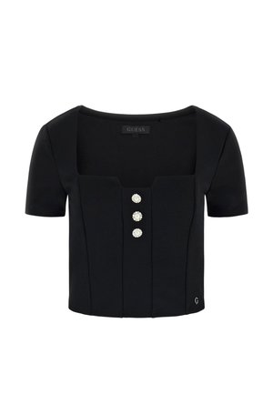 Czarny top z krótkim rękawem o kwadratowym dekolcie i trzema dekoracyjnymi guzikami z przodu. Wykonany z gładkiego materiału z przeszyciami.
