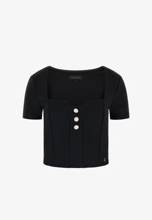 Czarny top z krótkim rękawem o kwadratowym dekolcie i trzema dekoracyjnymi guzikami z przodu. Wykonany z gładkiego materiału z przeszyciami.