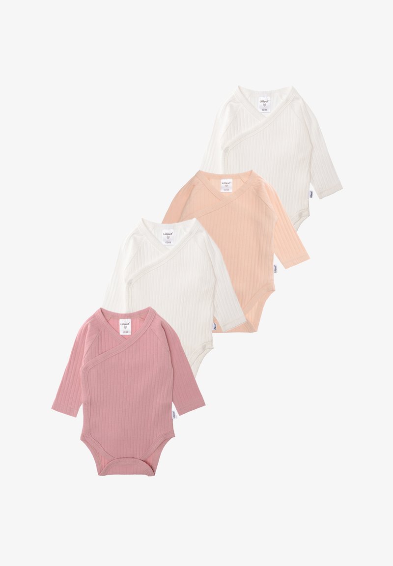 Vier langärmelige Baby-Bodysuits in Pink, Weiß und Hell-Pfirsich, aus geripptem Stoff mit einem Überkreuz-Design und Druckknöpfen an der Seite.