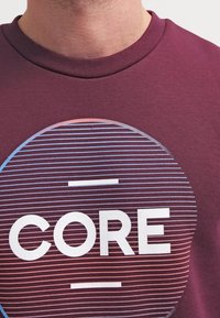 Camiseta burdeos con cuello redondo que presenta un gráfico circular a rayas en degradados de azul a rosa y el texto "CORE" en blanco.