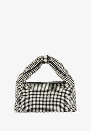 Sølv- og sort håndtaske med krystalstumper, knyttet håndtag, rektangulær form, glat tekstur og lynlås-lukning.