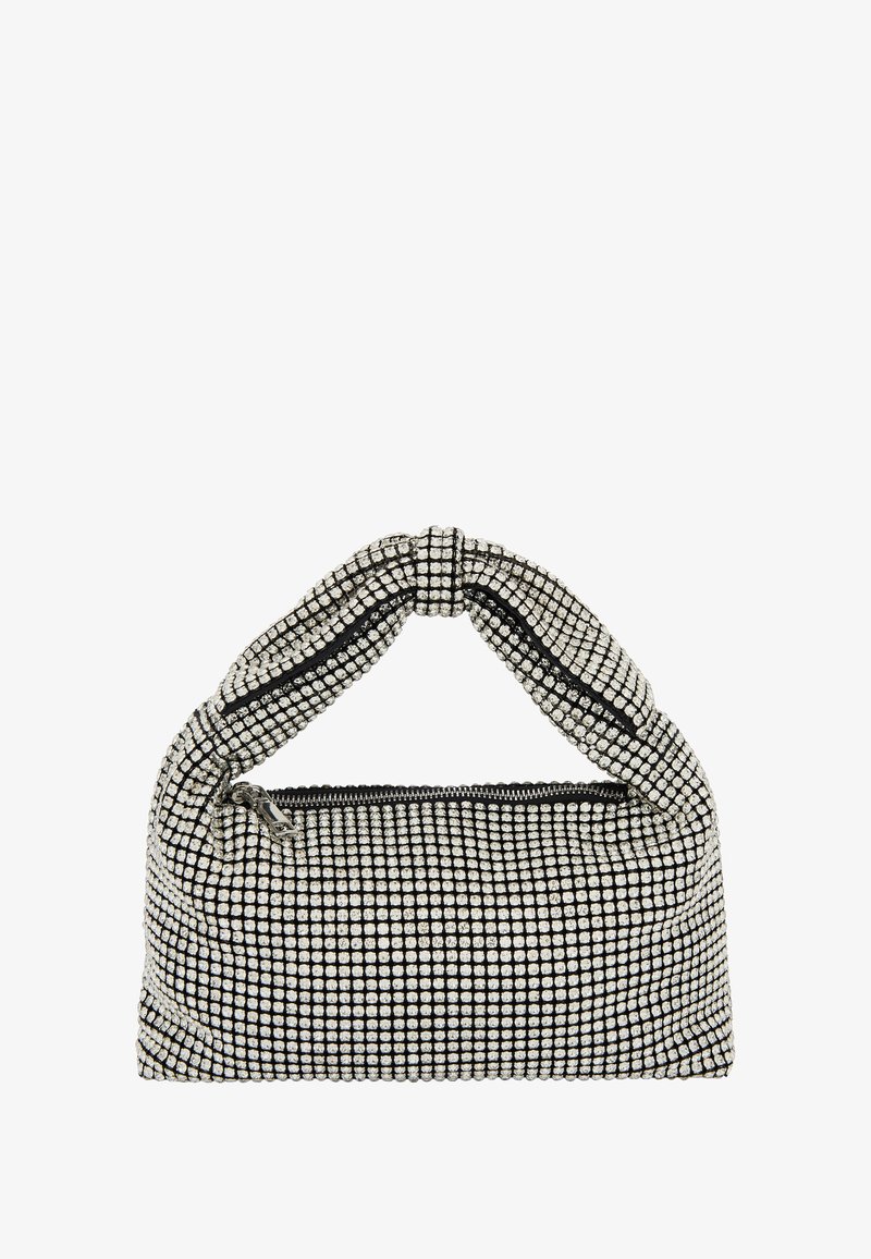 Sølv- og sort håndtaske med krystalstumper, knyttet håndtag, rektangulær form, glat tekstur og lynlås-lukning.