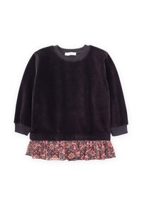 Maglietta a maniche lunghe di colore viola scuro con scollatura e polsini a coste, caratterizzata da un ruffle a stampa floreale sovrapposto all'orlo in tonalità rosa e blu navy.